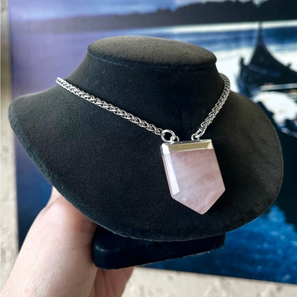 Silverskylight Jewelry - Rose quartz crystal gemstone on stainless steel adjustable choker necklace